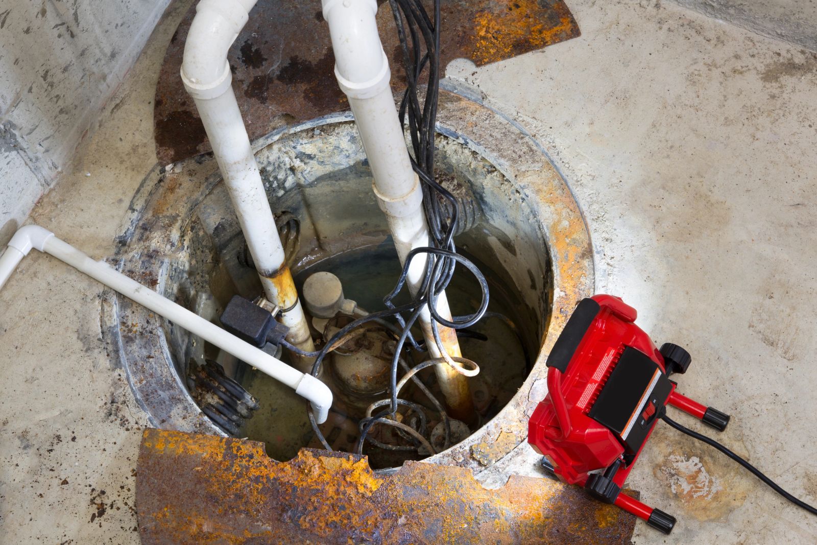 Sump pump being serviced in a basement pit